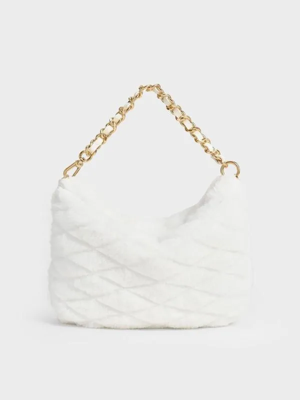 Women Duo Furry Quilted Crescent Bag 8211 White CHARLES and KEITH Shoulder Bags
