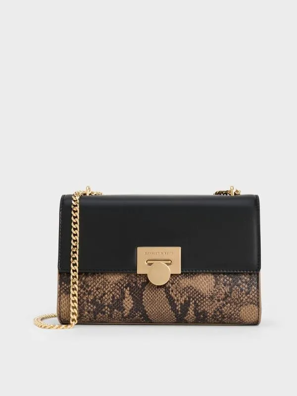 Women Ebba Snake Print ChainStrap Bag 8211 Beige CHARLES and KEITH Crossbody Bags