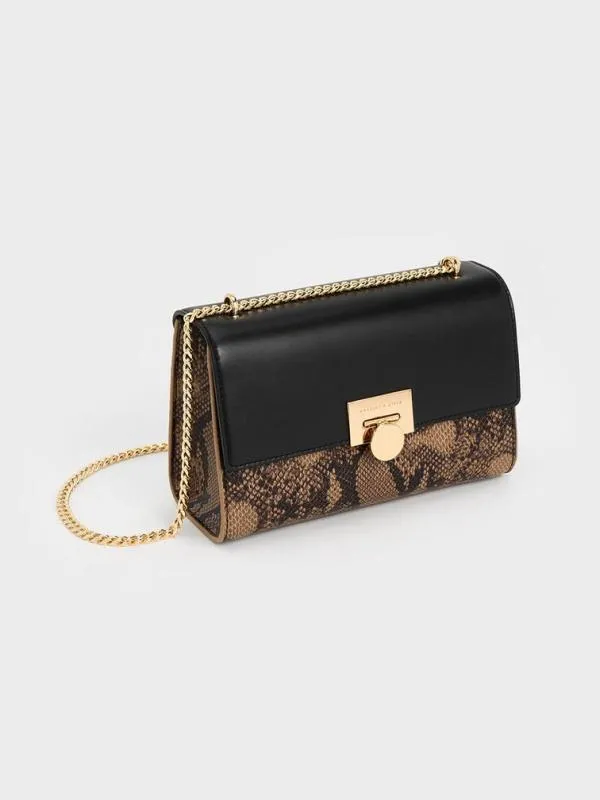 Women Ebba Snake Print ChainStrap Bag 8211 Beige CHARLES and KEITH Crossbody Bags