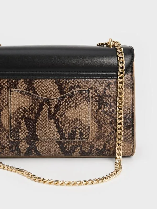 Women Ebba Snake Print ChainStrap Bag 8211 Beige CHARLES and KEITH Crossbody Bags