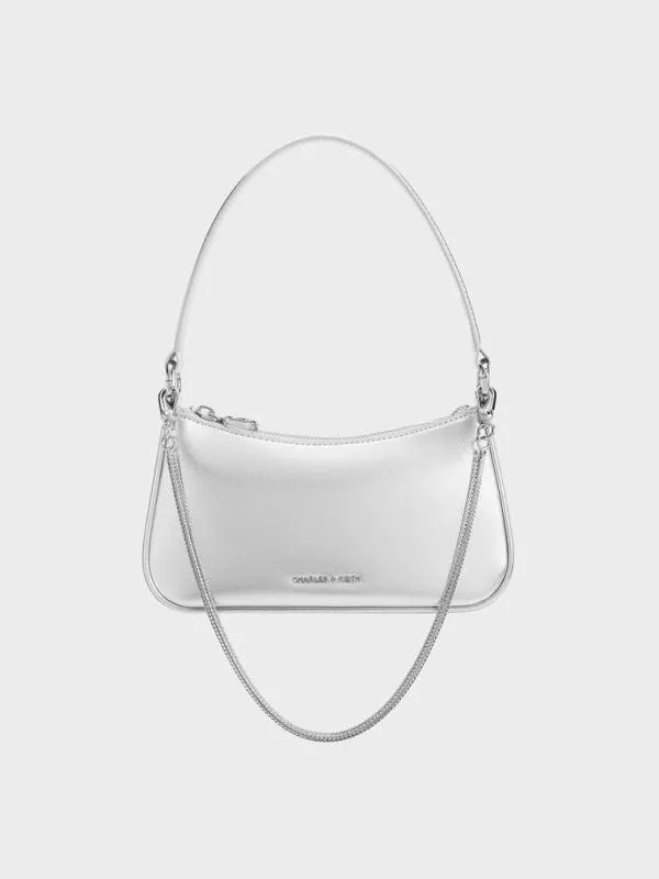 Women Elspeth Metallic Curved Shoulder Bag 8211 Silver CHARLES and KEITH Crossbody Bags