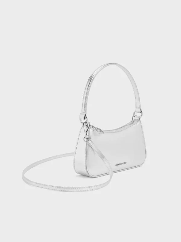 Women Elspeth Metallic Curved Shoulder Bag 8211 Silver CHARLES and KEITH Crossbody Bags