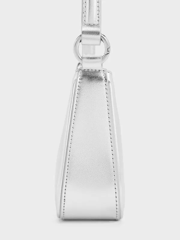 Women Elspeth Metallic Curved Shoulder Bag 8211 Silver CHARLES and KEITH Crossbody Bags