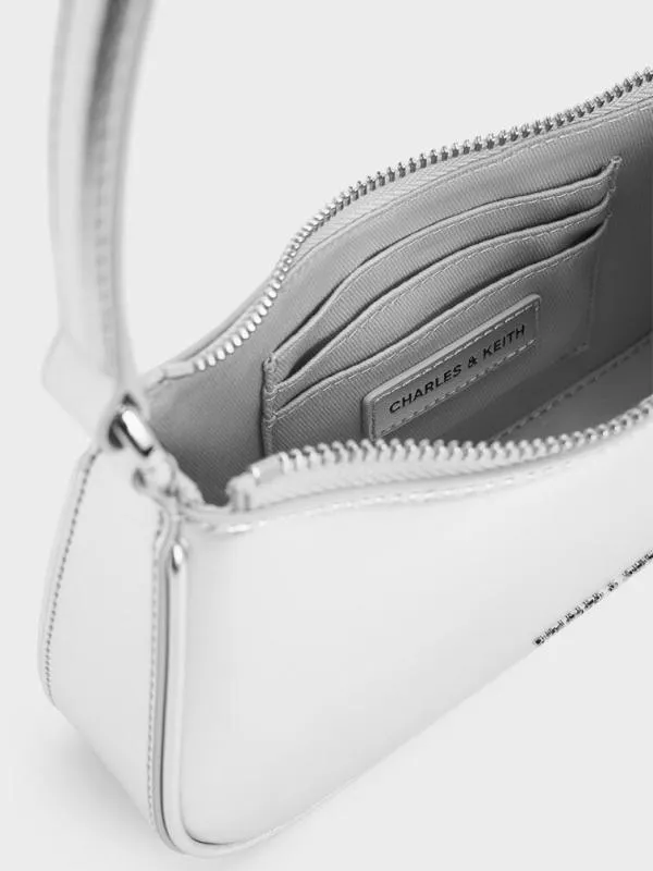Women Elspeth Metallic Curved Shoulder Bag 8211 Silver CHARLES and KEITH Crossbody Bags