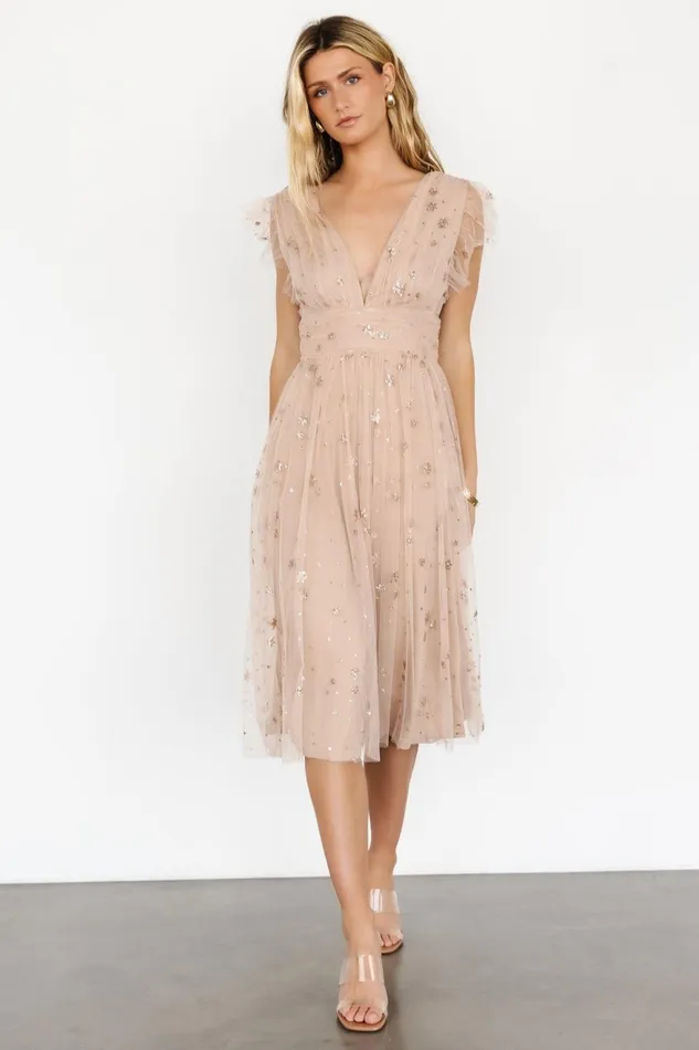 Women Embellished Sequin Baltic Born Chiara Shimmer Midi Dress Natural Blush