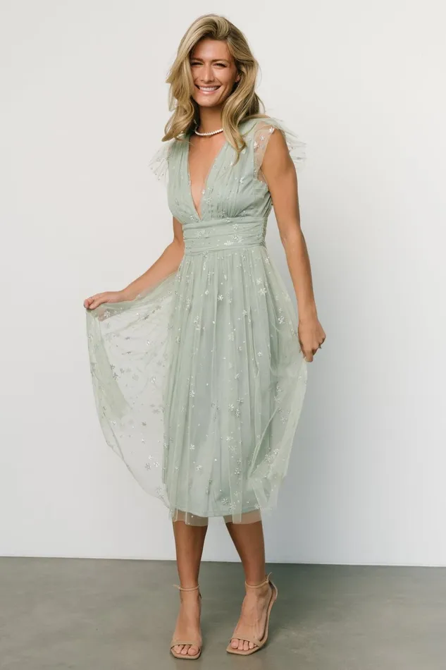 Women Embellished Sequin Baltic Born Chiara Shimmer Midi Dress Sage Silver