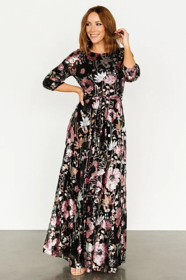 Women Embellished Sequin Baltic Born Destiny Sequin Maxi Dress Black Multi
