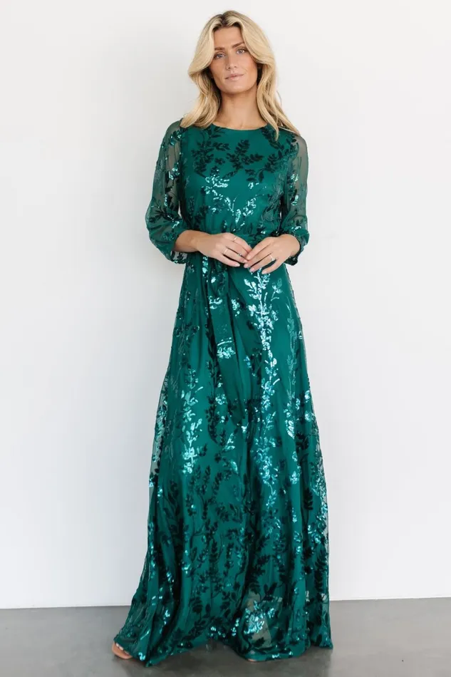 Women Embellished Sequin Baltic Born Destiny Sequin Maxi Dress Emerald