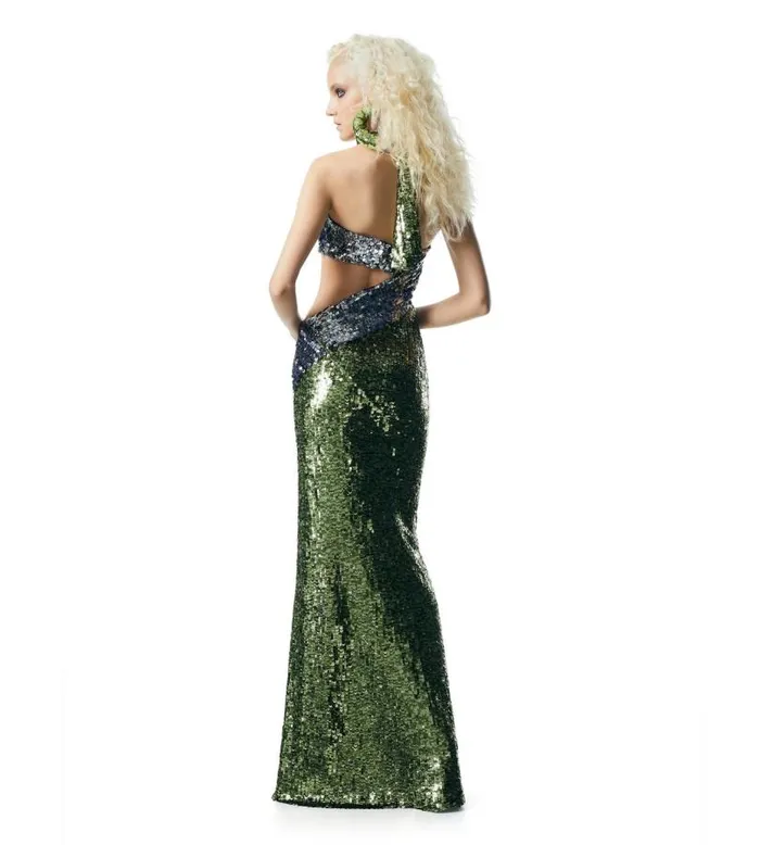 Women Evening Tom Ford Sequin Embroidery CutOut Evening Dress Pale Green Silver