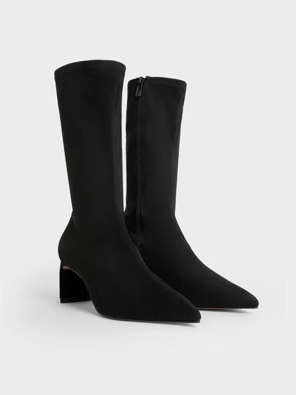 Women Faux Suede BladeHeel PointedToe Calf Boots 8211 Black Textured CHARLES and KEITH Boots
