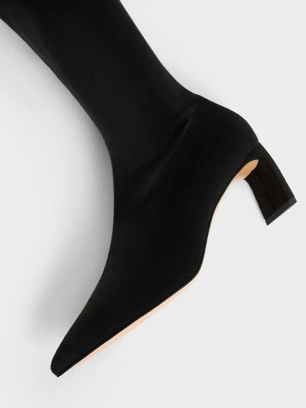 Women Faux Suede BladeHeel PointedToe Calf Boots 8211 Black Textured CHARLES and KEITH Boots