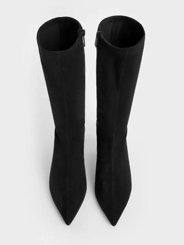Women Faux Suede BladeHeel PointedToe Calf Boots 8211 Black Textured CHARLES and KEITH Boots