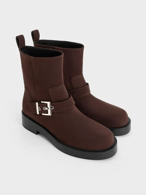 Women Faux Suede BuckleStrap Biker Boots 8211 Dark Brown CHARLES and KEITH Boots