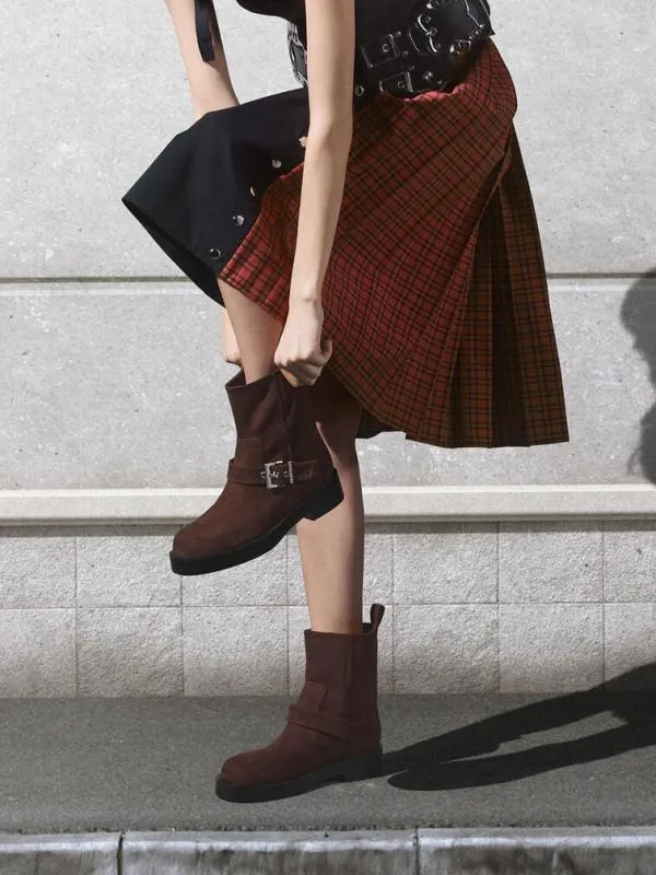 Women Faux Suede BuckleStrap Biker Boots 8211 Dark Brown CHARLES and KEITH Boots