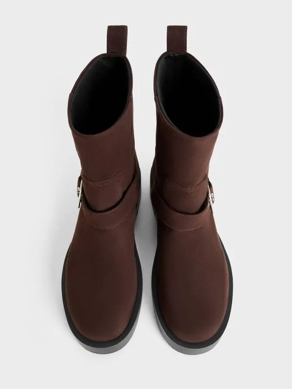 Women Faux Suede BuckleStrap Biker Boots 8211 Dark Brown CHARLES and KEITH Boots