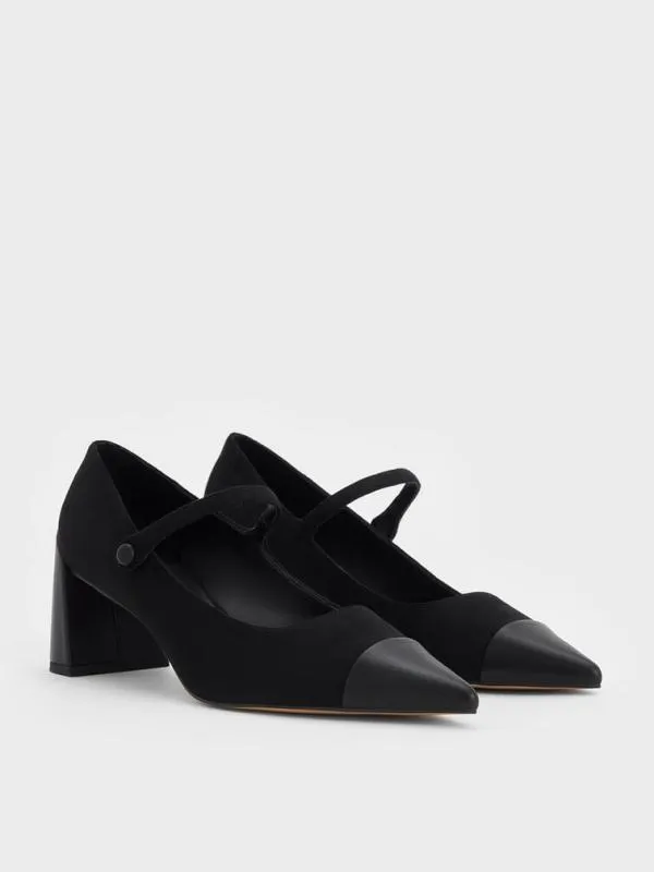 Women Faux Suede CapToe Pointed Mary Jane Pumps 8211 Black Textured CHARLES and KEITH Heels
