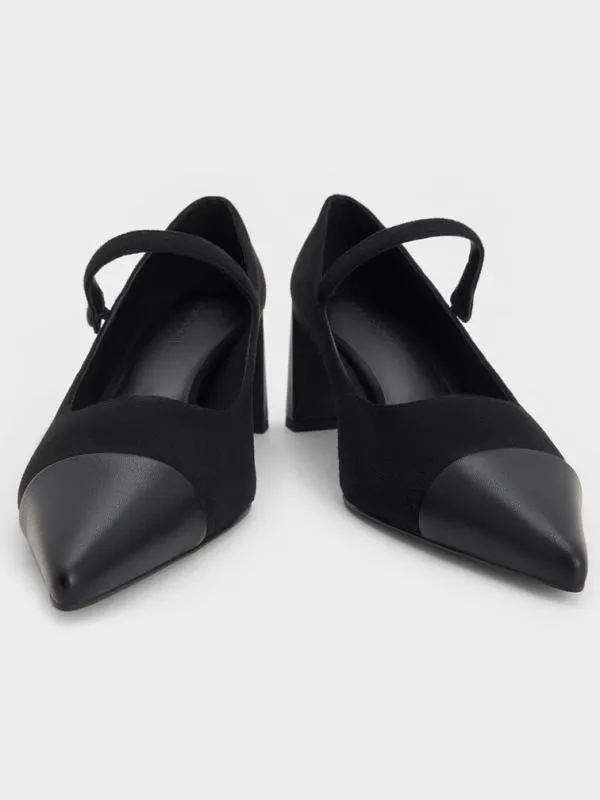 Women Faux Suede CapToe Pointed Mary Jane Pumps 8211 Black Textured CHARLES and KEITH Heels