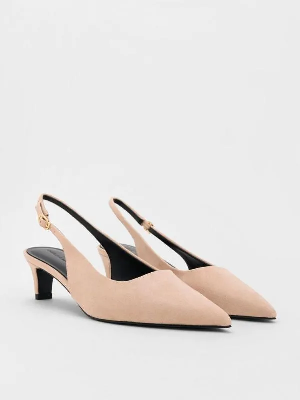 Women Faux Suede PointedToe KittenHeel Slingback Pumps 8211 Nude CHARLES and KEITH Heels