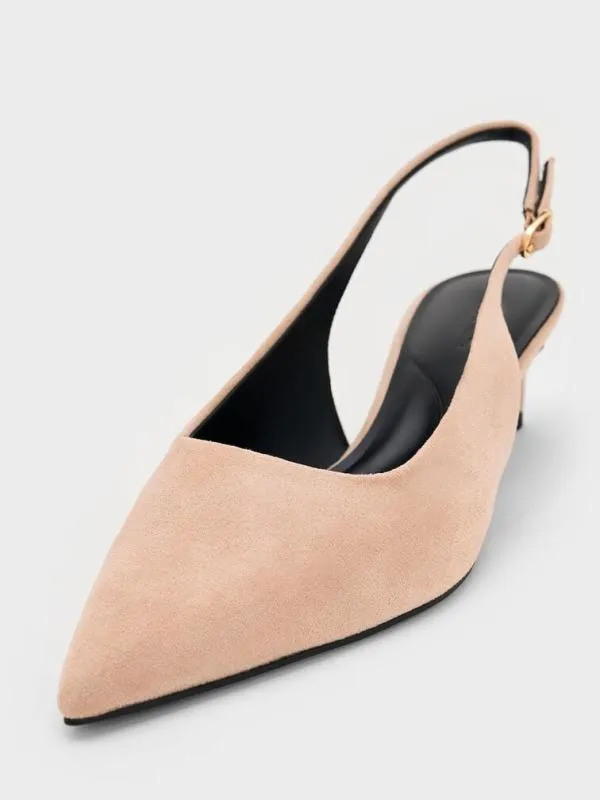 Women Faux Suede PointedToe KittenHeel Slingback Pumps 8211 Nude CHARLES and KEITH Heels