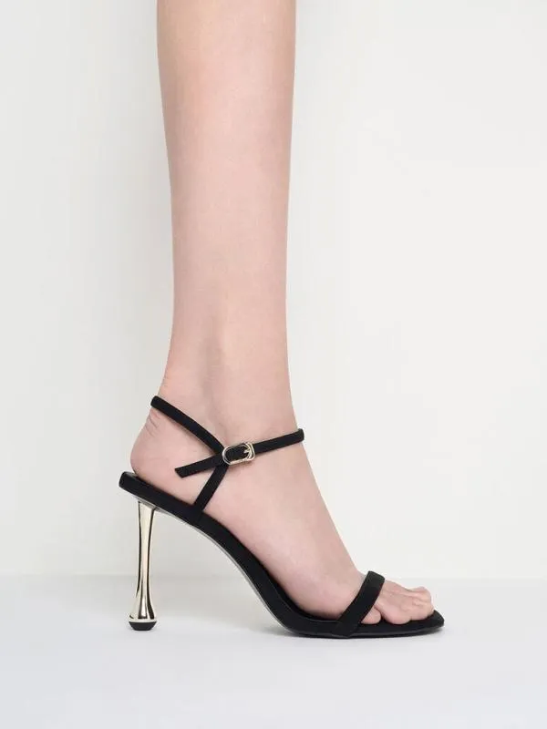 Women Faux Suede SculpturalHeel AnkleStrap Sandals 8211 Black Textured CHARLES and KEITH Heels