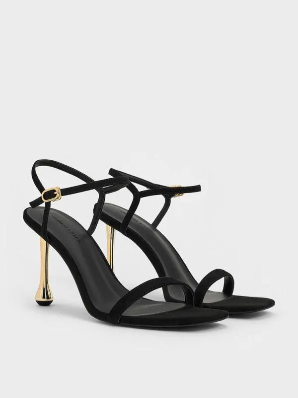 Women Faux Suede SculpturalHeel AnkleStrap Sandals 8211 Black Textured CHARLES and KEITH Heels