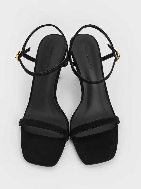 Women Faux Suede SculpturalHeel AnkleStrap Sandals 8211 Black Textured CHARLES and KEITH Heels