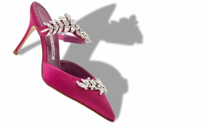 Women Fuchsia Satin Crystal Embellished Mules Manolo Blahnik Mules