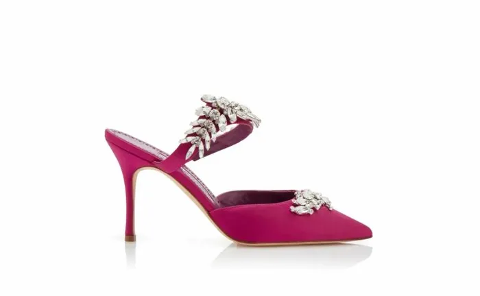 Women Fuchsia Satin Crystal Embellished Mules Manolo Blahnik Mules