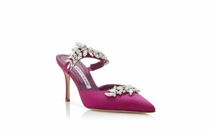 Women Fuchsia Satin Crystal Embellished Mules Manolo Blahnik Mules