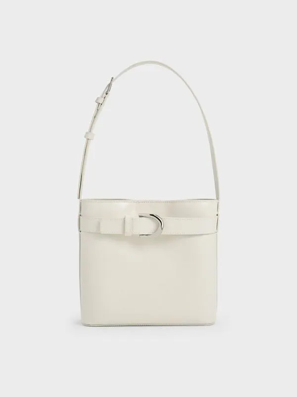 Women Gabine Leather Belted Bucket Bag 8211 White CHARLES and KEITH Bucket Bags