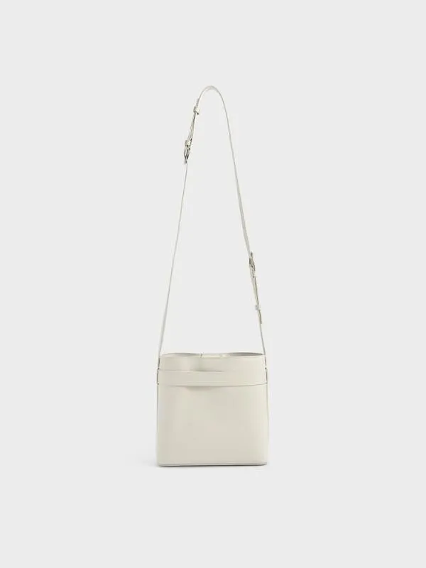 Women Gabine Leather Belted Bucket Bag 8211 White CHARLES and KEITH Bucket Bags