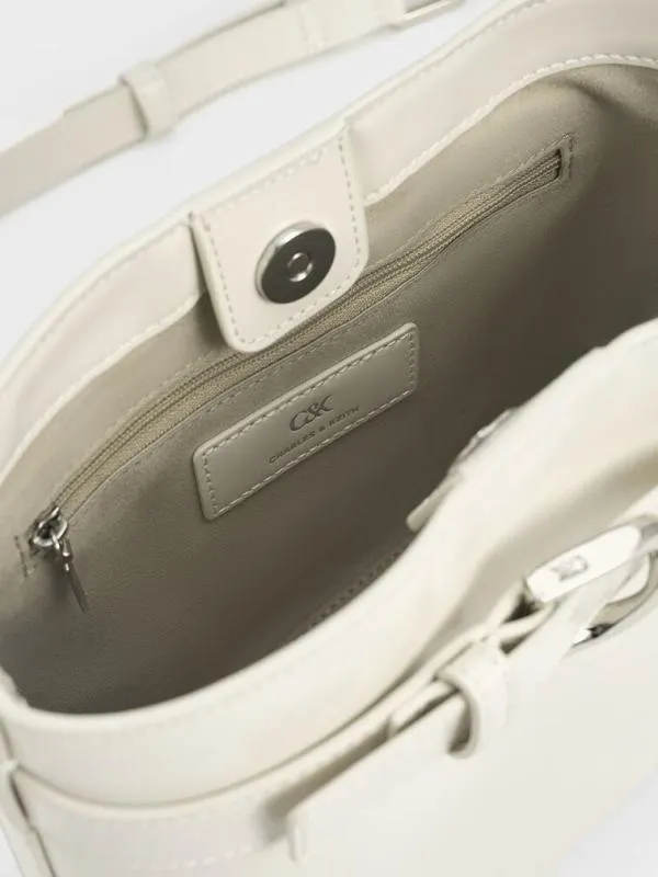 Women Gabine Leather Belted Bucket Bag 8211 White CHARLES and KEITH Bucket Bags