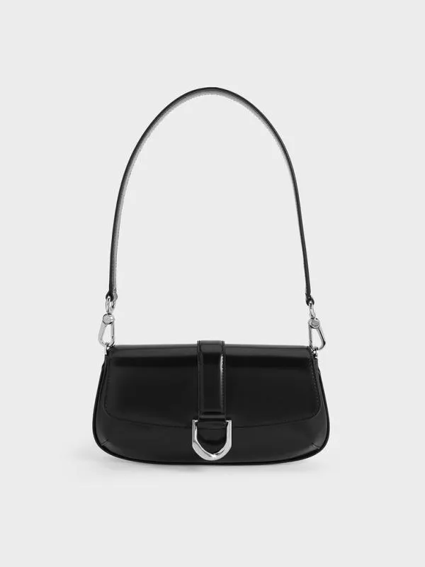 Women Gabine Leather Elongated Shoulder Bag 8211 Noir CHARLES and KEITH Crossbody Bags