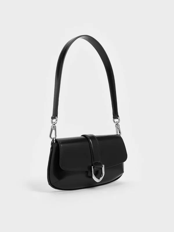 Women Gabine Leather Elongated Shoulder Bag 8211 Noir CHARLES and KEITH Crossbody Bags