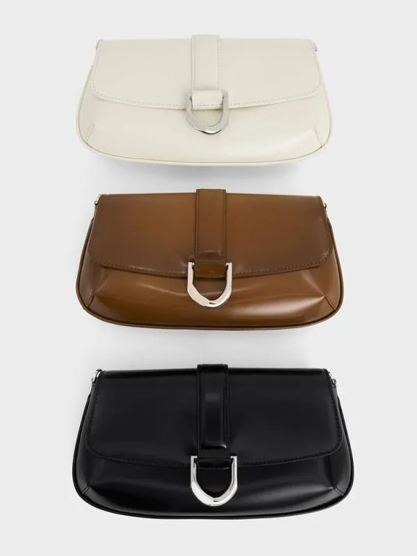 Women Gabine Leather Elongated Shoulder Bag 8211 Noir CHARLES and KEITH Crossbody Bags