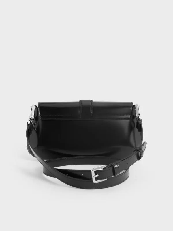 Women Gabine Leather Elongated Shoulder Bag 8211 Noir CHARLES and KEITH Crossbody Bags