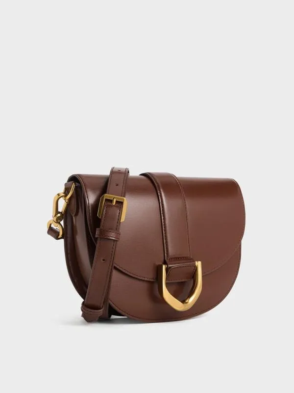 Women Gabine Leather Saddle Bag 8211 Dark Brown CHARLES and KEITH Crossbody Bags