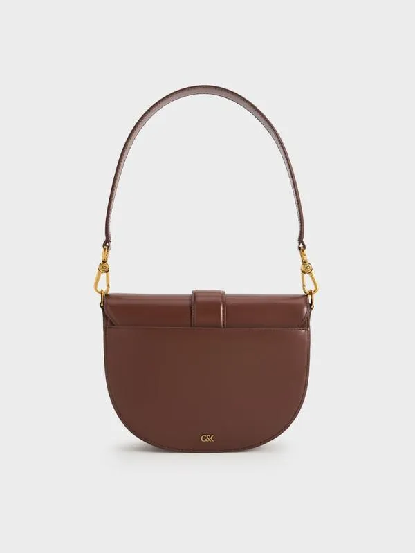 Women Gabine Leather Saddle Bag 8211 Dark Brown CHARLES and KEITH Crossbody Bags