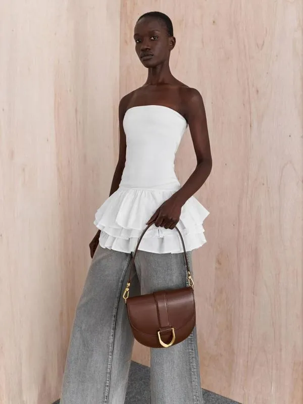 Women Gabine Leather Saddle Bag 8211 Dark Brown CHARLES and KEITH Crossbody Bags