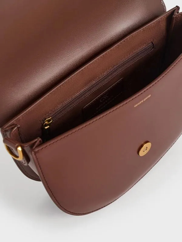 Women Gabine Leather Saddle Bag 8211 Dark Brown CHARLES and KEITH Crossbody Bags