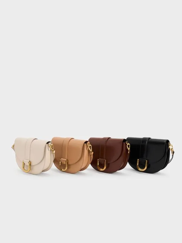 Women Gabine Leather Saddle Bag 8211 Dark Brown CHARLES and KEITH Crossbody Bags
