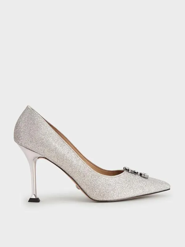 Women Glitter GemEmbellished Pumps 8211 Silver CHARLES and KEITH Heels