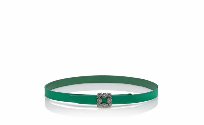 Women Green Satin Crystal Buckled Belt Manolo Blahnik Belts