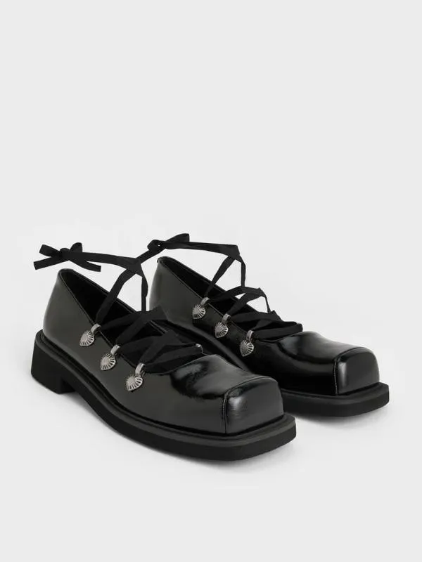 Women HeartEmbellished LaceUp Ballet Flats 8211 Black CHARLES and KEITH Flats