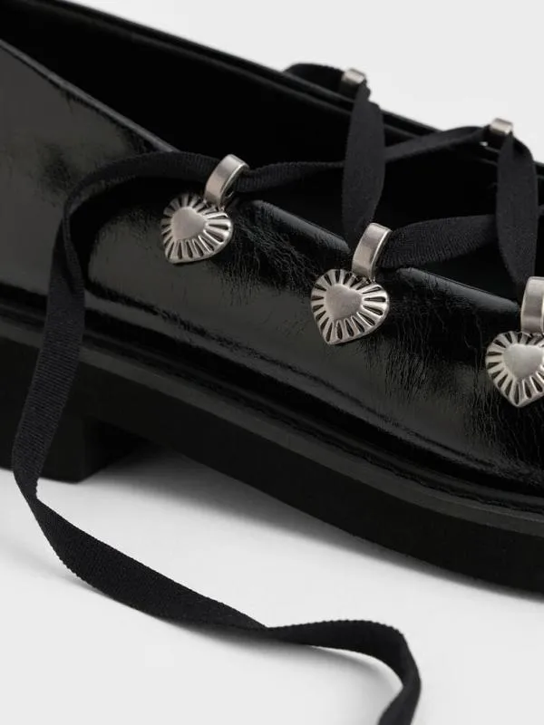 Women HeartEmbellished LaceUp Ballet Flats 8211 Black CHARLES and KEITH Flats