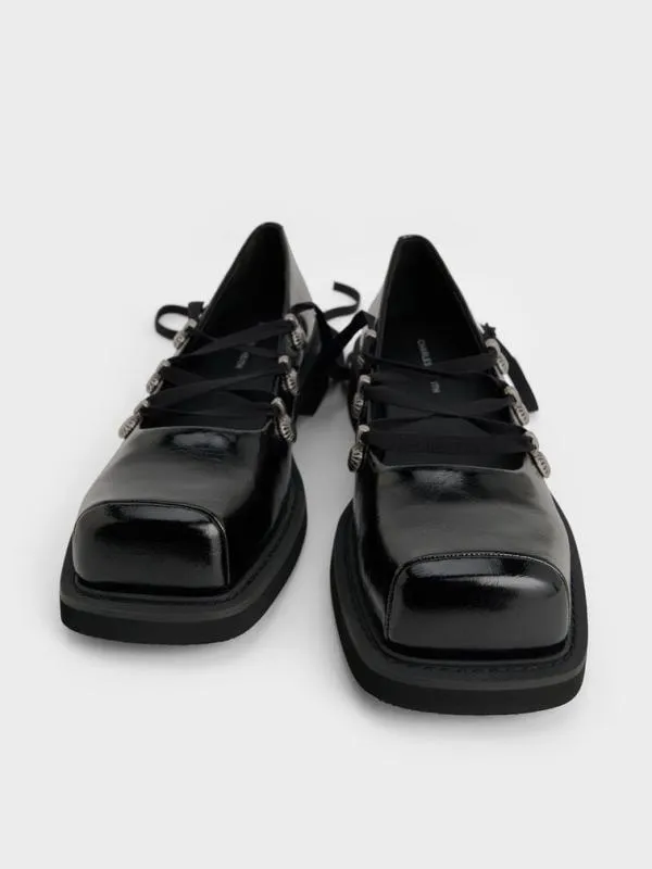 Women HeartEmbellished LaceUp Ballet Flats 8211 Black CHARLES and KEITH Flats