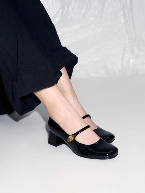 Women Hettie Patent MetallicBuckle BlockHeel Mary Janes 8211 Black Patent CHARLES and KEITH Heels