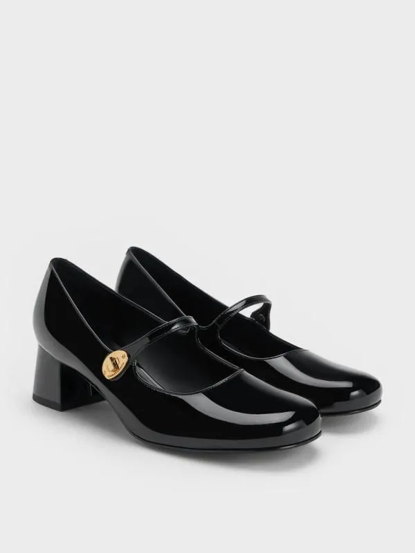 Women Hettie Patent MetallicBuckle BlockHeel Mary Janes 8211 Black Patent CHARLES and KEITH Heels