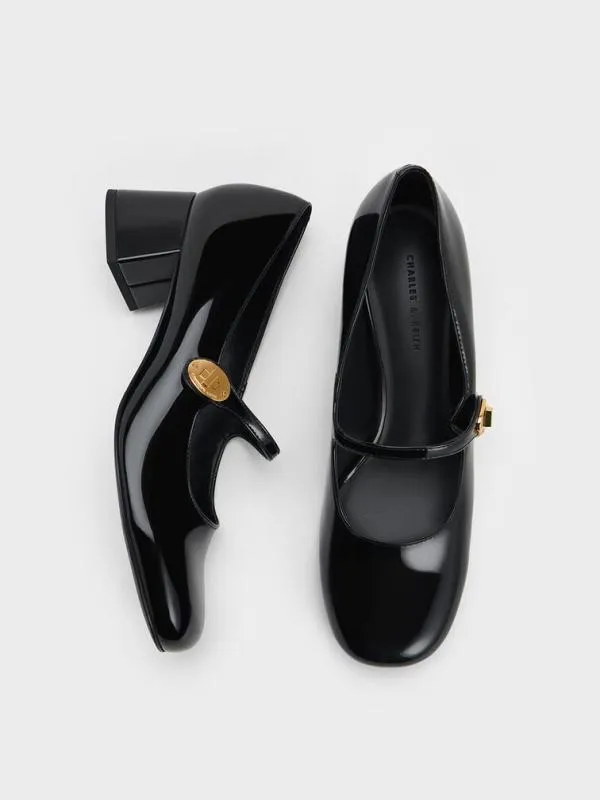 Women Hettie Patent MetallicBuckle BlockHeel Mary Janes 8211 Black Patent CHARLES and KEITH Heels