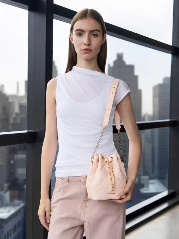 Women Julia Quilted TwoWay Bucket Bag 8211 Light Pink CHARLES and KEITH Bucket Bags